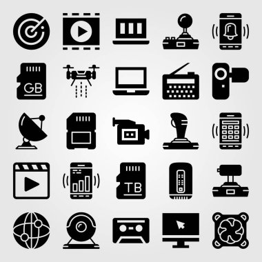 Teknoloji vektör Icon set. uydu, smartphone, monitör ve web kamerası