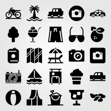 Yaz aylarında vektör Icon set. Dondurma, plaj topu, fotoğraf makinesi ve kokteyl