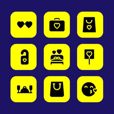 Sevgililer günü vektör Icon set. akşam yemeği, aşk çantası, lolipop ve öpücük