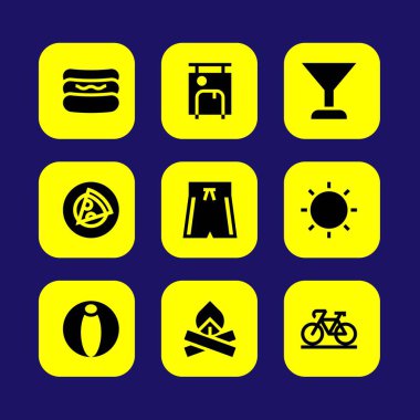 Yaz aylarında vektör Icon set. Mayo, Bisiklet, pizza ve plaj topu