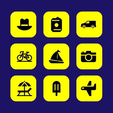 Yaz aylarında vektör Icon set. içki, Bisiklet, fotoğraf kamera ve güneş şemsiyesi