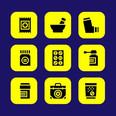 Tıp vektör Icon set. tabletler, yardım grubu, oksijen tüpü ve yardım