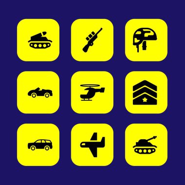 Askeri vektör Icon set. Araba, kask, uçak ve keskin nişancı
