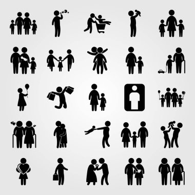 İnsanlar simge vektör ayarlayın. yaşlı, adam çanta, anne ve ballon kadınla