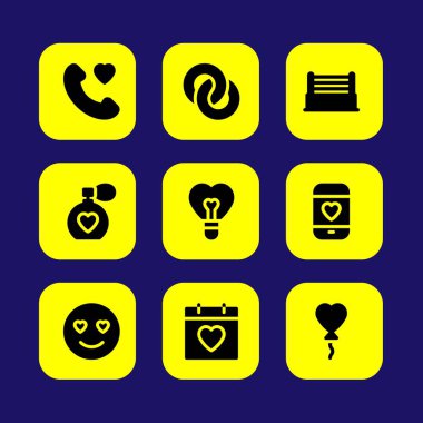 Sevgililer günü vektör Icon set. aşk parfüm, yüzük, kalp balon ve nişan