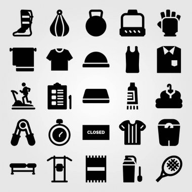 Fitness vektör Icon set. eldiven, denetim listesi, yukarı çek ve havlu