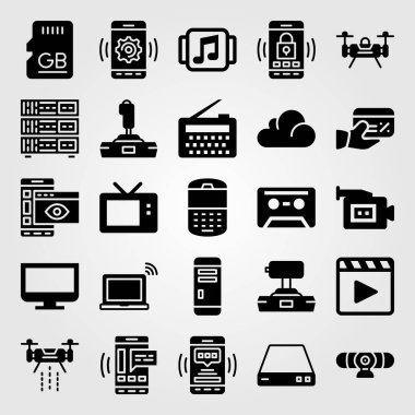 Teknoloji vektör Icon set. video kamera, oyun çubuğu, kaset ve televizyon