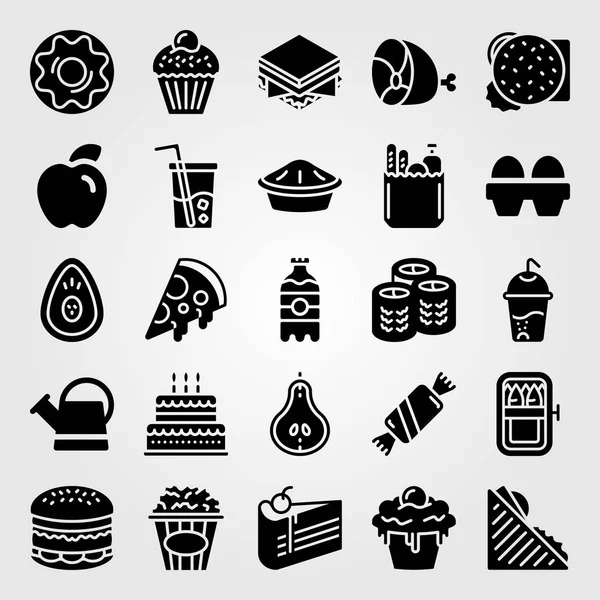 Yiyecek ve içecekler simge vektör ayarlayın. kek, sandviç, içki ve can