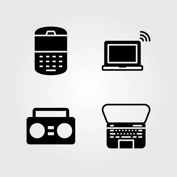 Conjunto de iconos tecnológicos. Vector ilustración portátil, boombox, teléfono y teléfono celular — Vector de stock