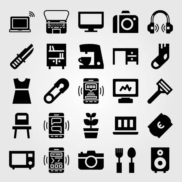 Shopping-Vektor-Symbol gesetzt. Laptop, Stuhl, Computer und Kaffeemaschine — Stockvektor