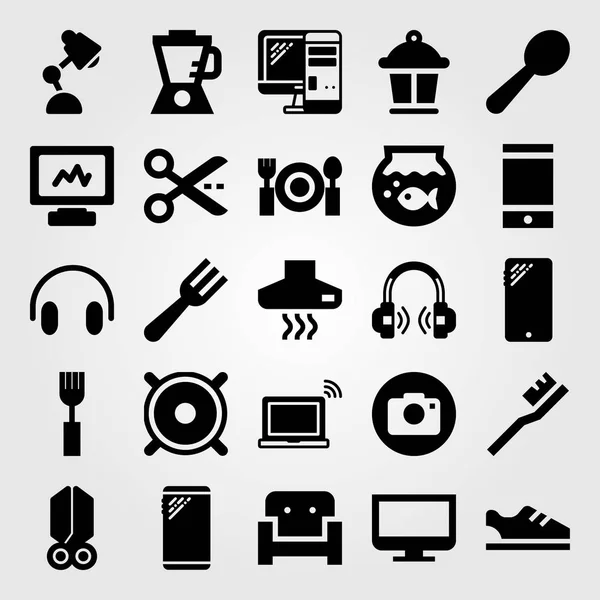 Winkelen vector icon set. laptop, lepel, vis kom en tandenborstel — Stockvector