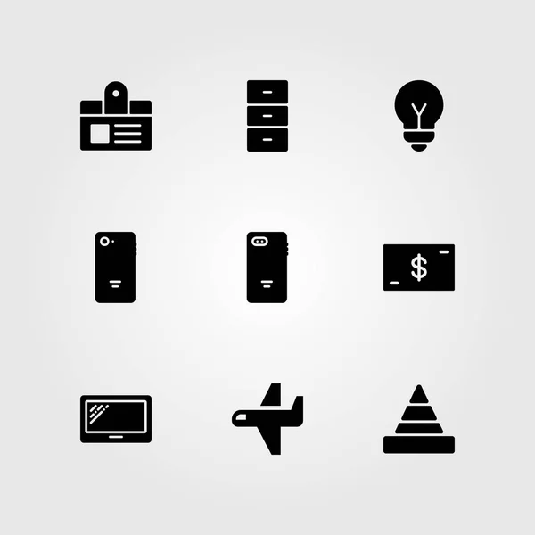 Obchodní vektor sadu ikon. tablet, žárovka, id karet a letadlo — Stockový vektor