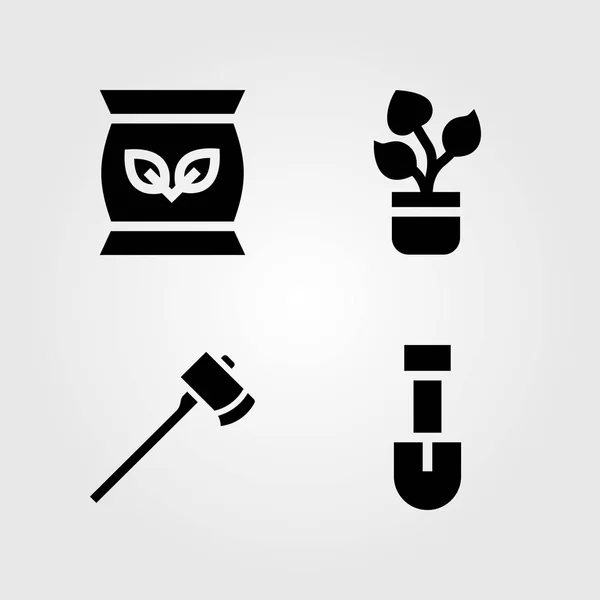 Conjunto de ícones de jardim. Vetor ilustração fertilizante, planta, pá e machado — Vetor de Stock