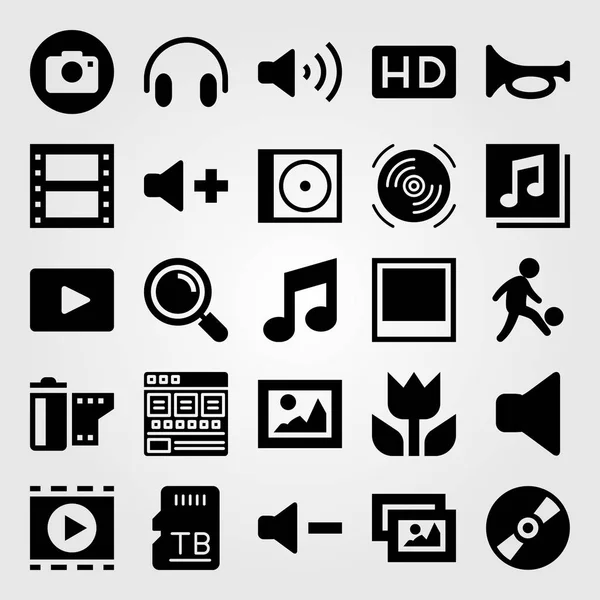 Multimedia icon set vector. video player, loupe, browser and film roll