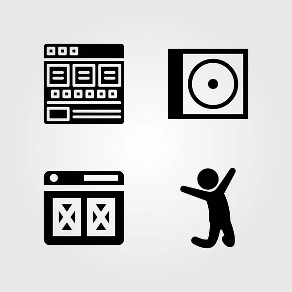 Conjunto de iconos multimedia. Ilustración vectorial hombre, navegador, disco compacto y hombre de salto — Vector de stock