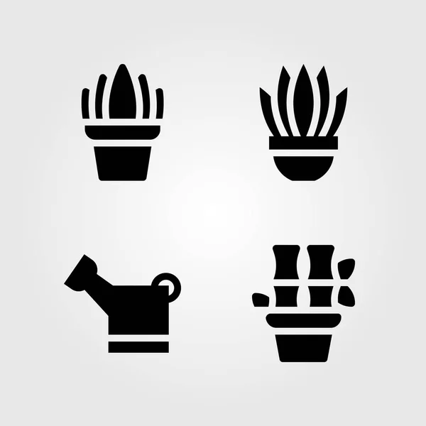 Haus Pflanzen Vektor Icon Set. Sensevieria, Pflanze, Bambus und Gießkanne — Stockvektor