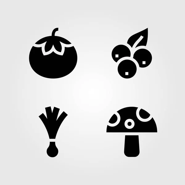 Fruit Groenten Vector Icon Set Bosbes Prei Tomaat Champignon — Stockvector