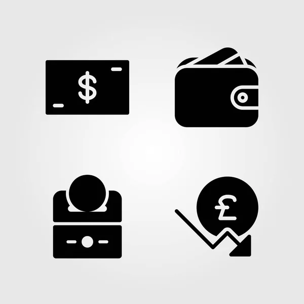 Ícones de dinheiro configurados. Ilustração vetorial dólar, carteira, dinheiro e libra esterlina — Vetor de Stock