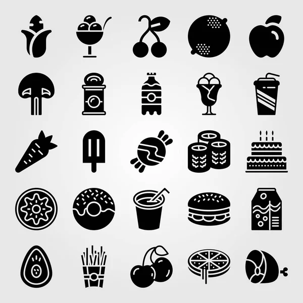 Alimentos y bebidas vector icono conjunto. cereza, hamburguesa, aguacate y jugo — Archivo Imágenes Vectoriales