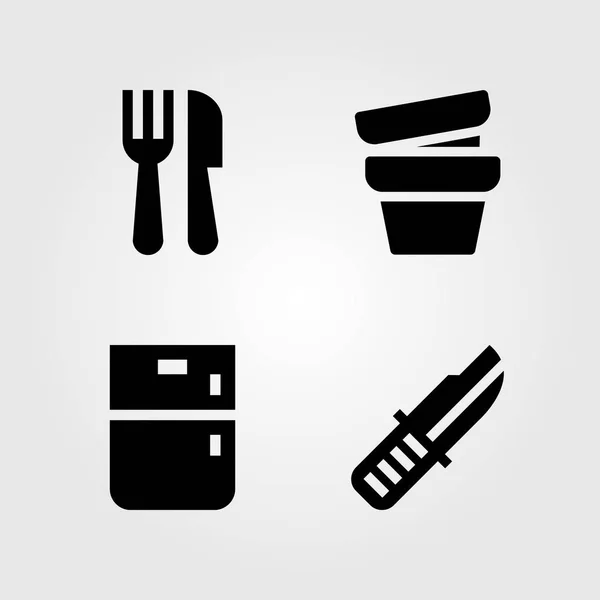 Keuken vector icon set. bestek, mes, koelkast en pot — Stockvector