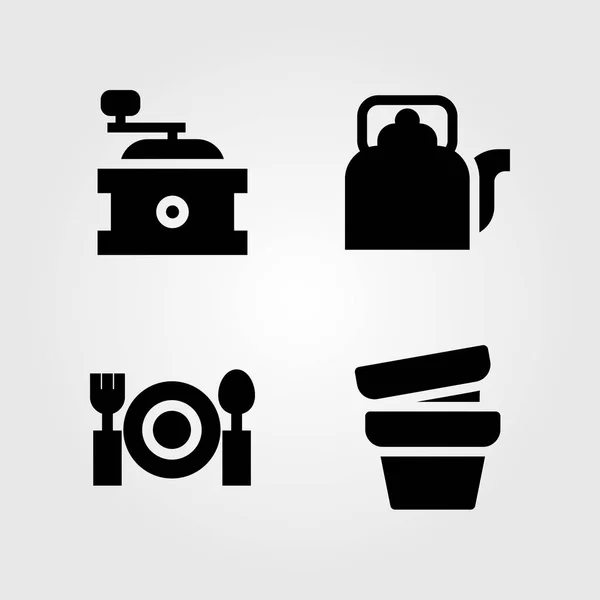 Küche Vektor Icon Set. Topf, Kaffeemühle, Besteck und Wasserkocher — Stockvektor