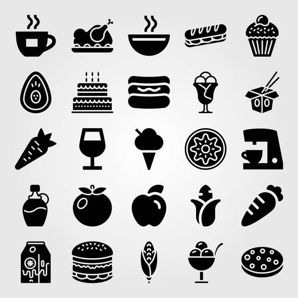 Żywność i napoje wektor zestaw ikon. Jabłko, kiwi, kanapkę i urodzinowy tort — Wektor stockowy