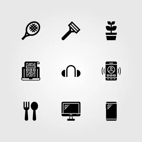 Shopping vector icon set. tv, tennis racket, plant and cutlery — Stock Vector