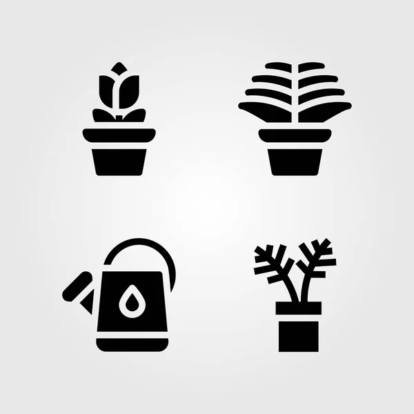Kamerplanten vector icon set. roos, guzmania, plant en gieter — Stockvector