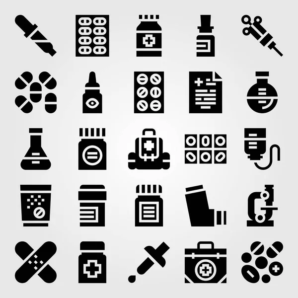 Conjunto de iconos de vector médico. medicamento, frasco, resultado médico y tabletas — Vector de stock