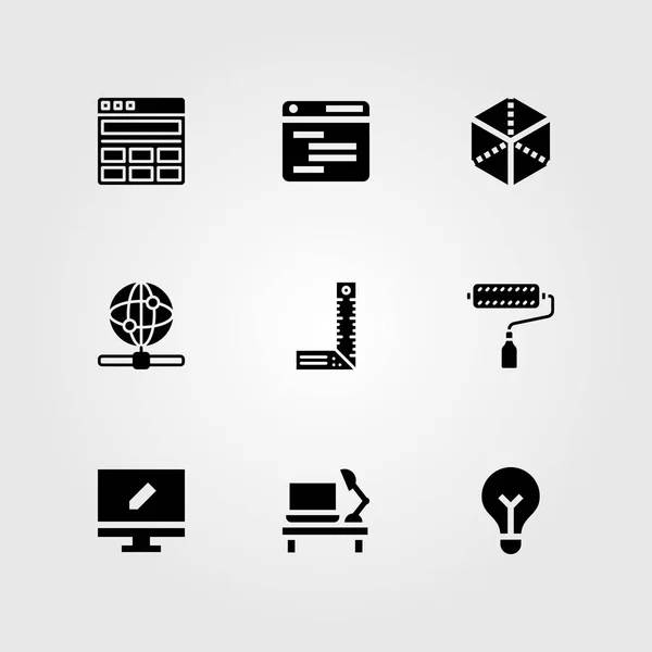 Diseño Web icono vectorial conjunto. rodillo de pintura, monitor, bombilla y cubo — Vector de stock
