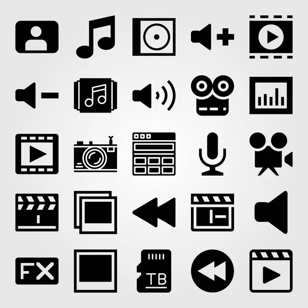 Multimedia Icon Set Vektor. Lautsprecher, SD-Karte, Playlist und Mikrofon — Stockvektor