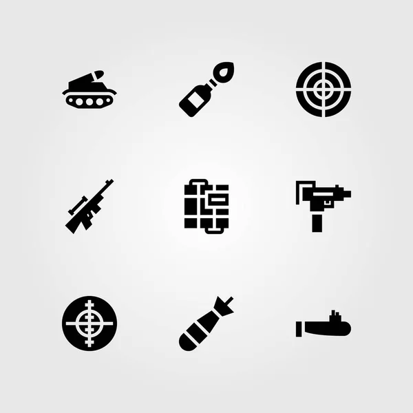 Set Icone Vettoriali Delle Armi Serbatoio Molotov Cocktail Cecchino Sottomarino — Vettoriale Stock