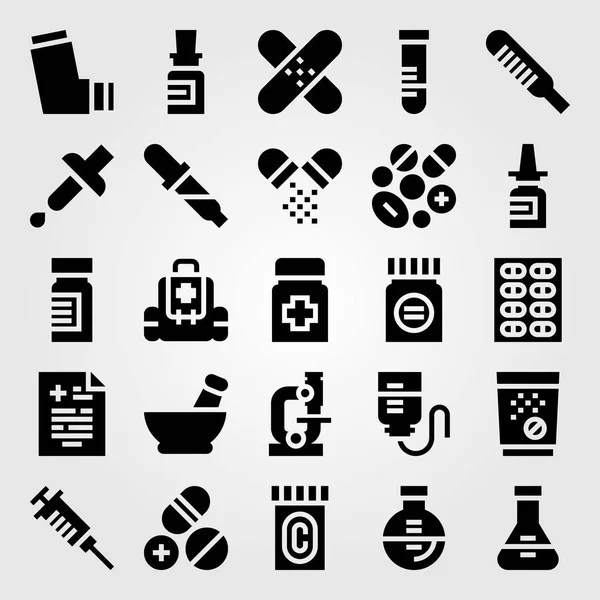 Conjunto de iconos de vector médico. comprimidos, microscopio, frasco y jeringa — Vector de stock