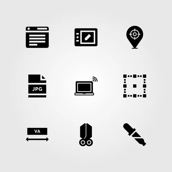 Διάνυσμα εικονίδιο σχεδιασμός Web σύνολο. πρόγραμμα περιήγησης, σιφώνιο, σύμβολο κράτησης θέσης και το laptop — Διανυσματικό Αρχείο