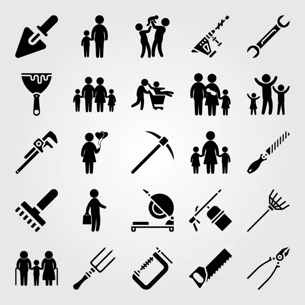 Tools icon set vector. son, family, rake and child — Stock Vector