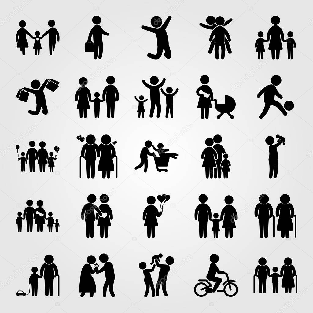 Humans vector icon set. big family, businessman, father and baby girl