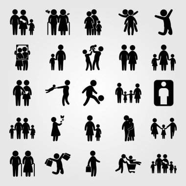İnsanlar Icon set vektör. yaşlı adam, büyük bir aile ve çocuk atlama,