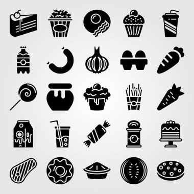 Yiyecek ve içecekler simge vektör ayarlayın. Tatlım, meşrubat, pasta ve soda