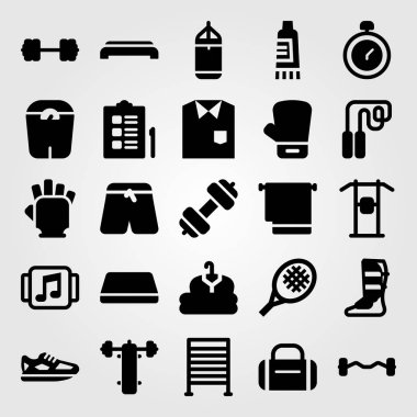 Fitness vektör Icon set. Chronometre, pazı halter, shinpad ve denetim listesi