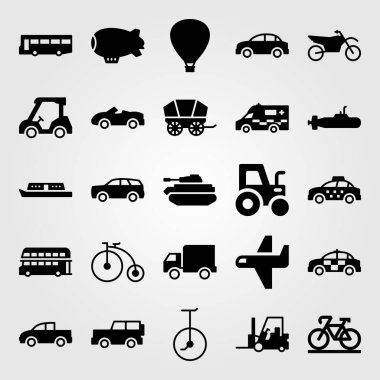 Ulaşım vektör Icon set. Spor bisiklet, denizaltı, jeep ve spor araba