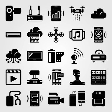 Teknoloji simge vektör ayarlayın. Camcoder, bulut bilgi işlem, manevra kolu ve sunucu