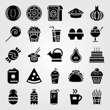 Yiyecek ve içecekler Icon set vektör. yumurta, lolipop, taco ve pizza
