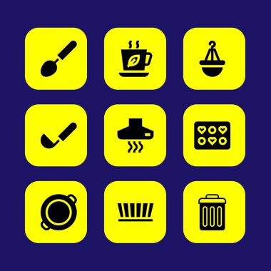 Mutfak vektör Icon set. çöp kutusu, paella, çıkarıcı hood ve çay Kupası