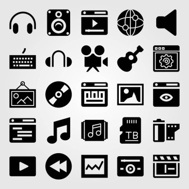 Multimedya vektör Icon set. klavye, internet, sessiz ve gitar