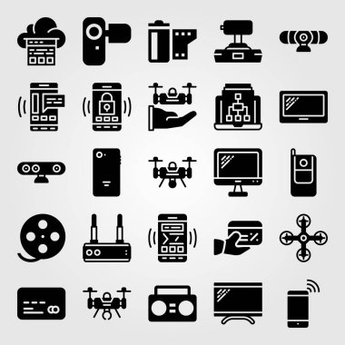 Teknoloji vektör Icon set. Web kamerası, tablet, monitör ve boombox