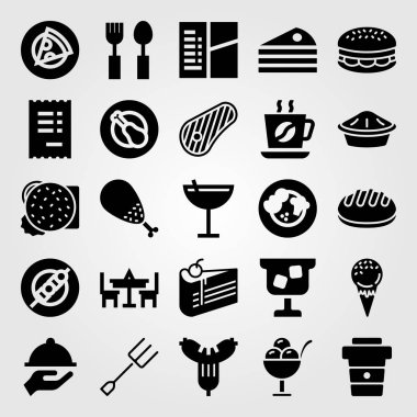 Restoran vektör Icon set. pasta, burger, tablo ve kahve Kupası