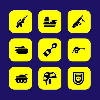 Silah vektör Icon set. makineli tüfek, top, kruvazör ve kask