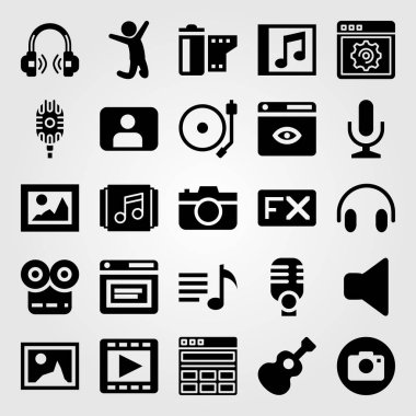 Multimedya vektör Icon set. çalma listesi, hoparlör, adam ve kulaklık atlama