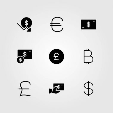 İşareti Icon set vektör. Sterlini, sikke, dolar ve para