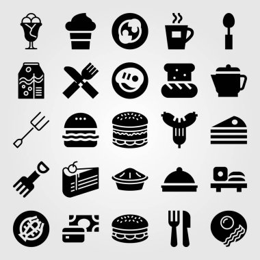Restoran vektör Icon set. Çatal, çay, tepsi ve kek